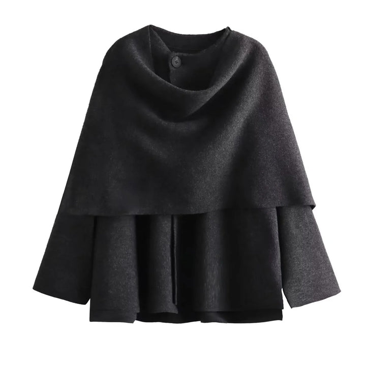 Women's Layered Poncho with Sleeves and Button Collar Mune Fashion