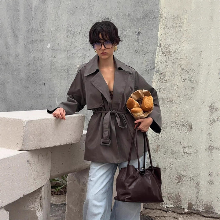 Women Short Trench Coat with Tied Belt and Oversized Sleeves Mune Fashion