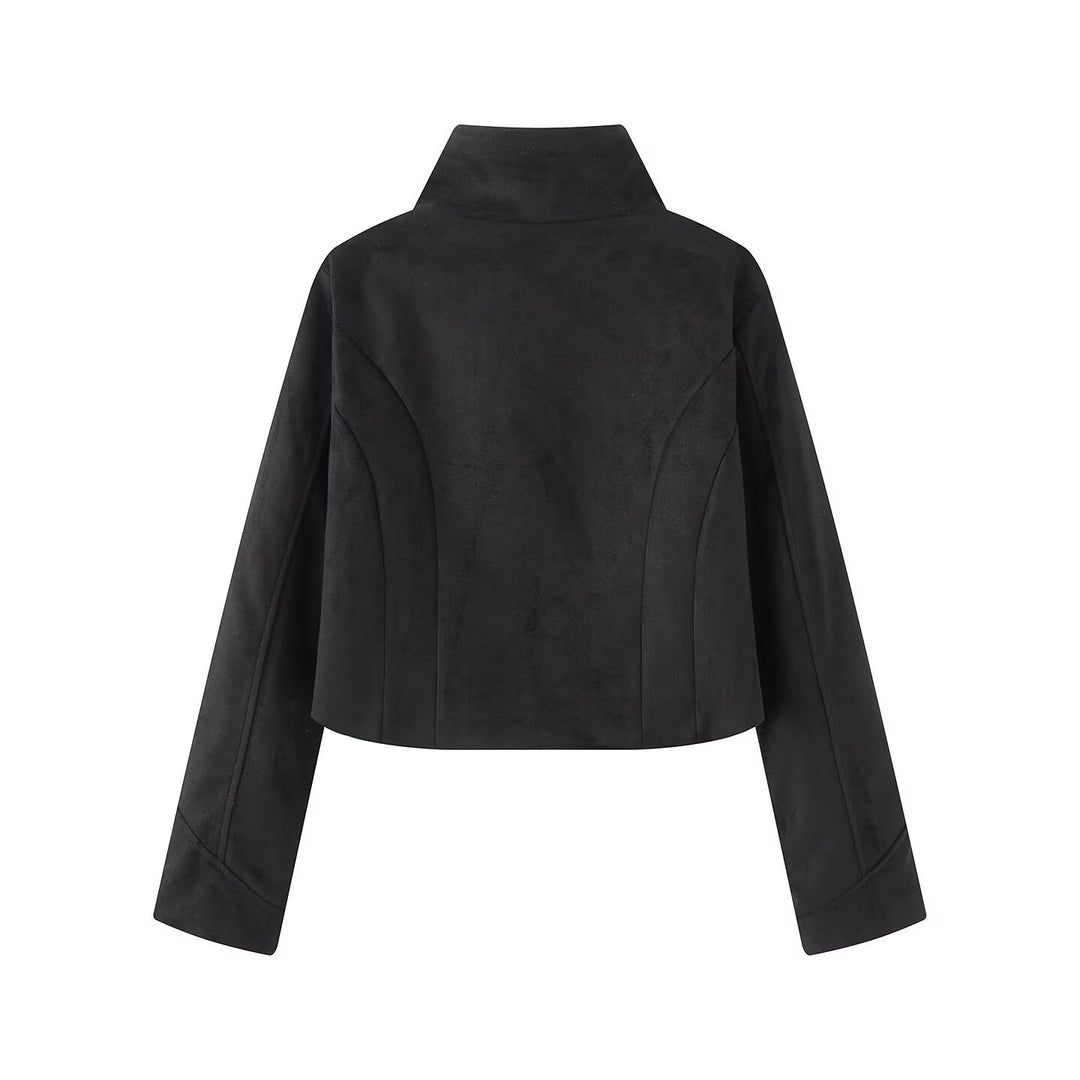 Women's short jacket in military-sailor mix with high stand-up collar and decorative button placket Drune