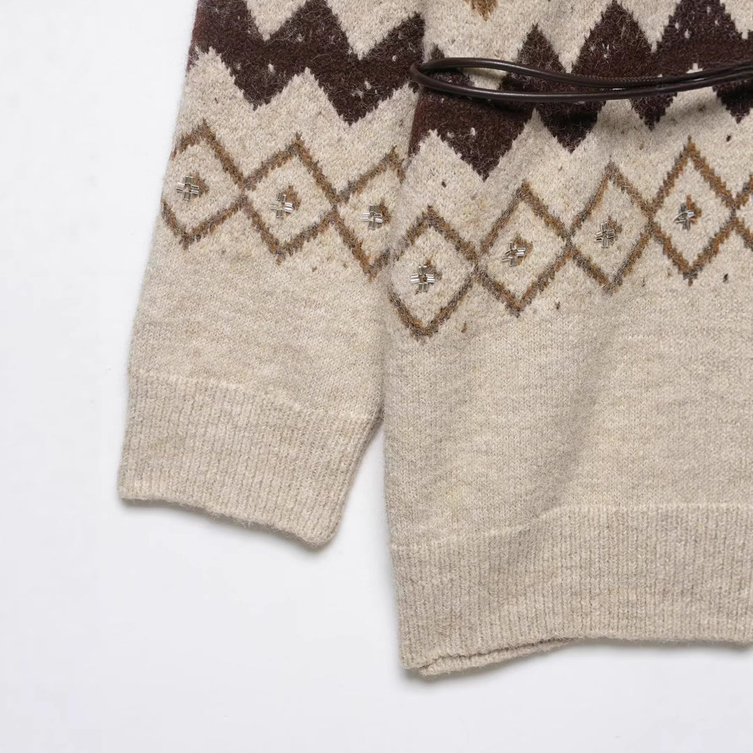 Women's knit cardigan with zigzag jacquard, sequin trim and waist belt Mune Fashion