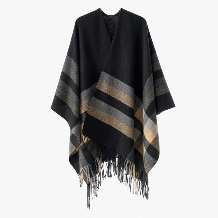 Women's wool blend cape poncho in oversized kimono with check pattern and fringe hem Mune Fashion