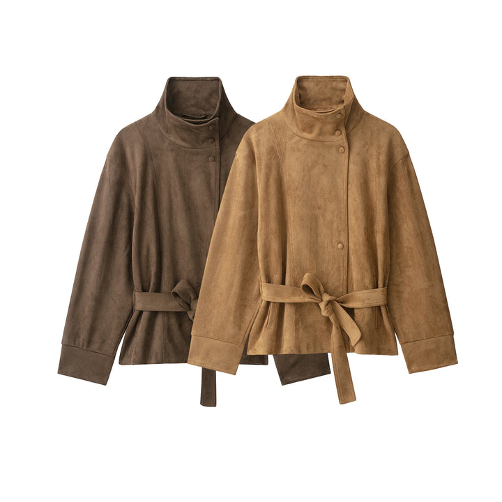 Women's Short Suede Jacket with High Stand Collar and Tie Belt Mune Fashion