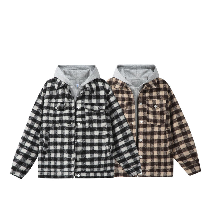 Women's short jacket in shacket style with checked wool look and integrated sweat hood Mune Fashion