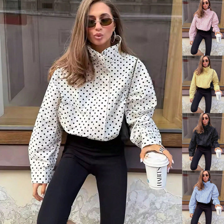 Women Polka-Dot Stand Collar Blouse with Oversized Balloon Sleeves Mune Fashion