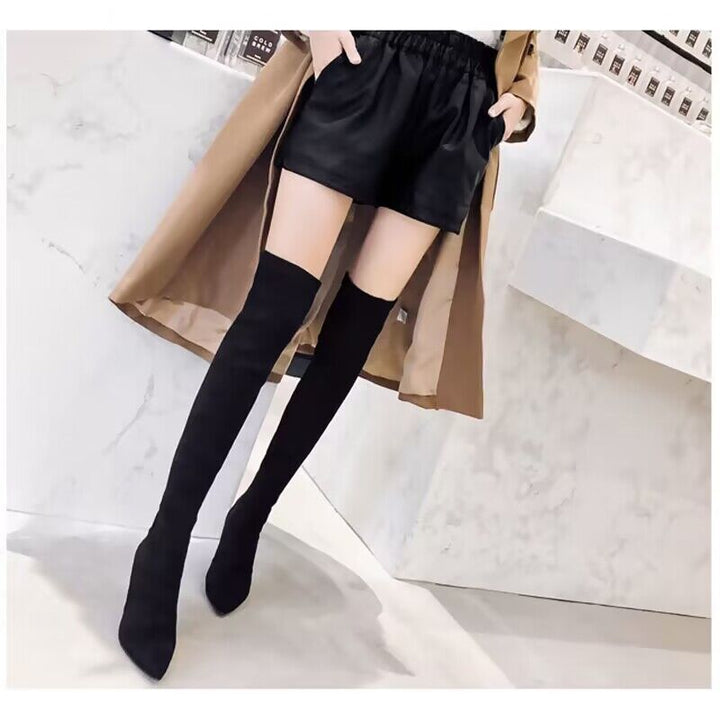 Women Thigh-High Stretch Boots with Pointed Toe Shape and Shaped Stiletto Heel Mune Fashion