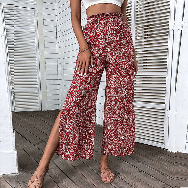Women's wide high-cut palazzo pants with floral pattern and side leg slit Mune Fashion
