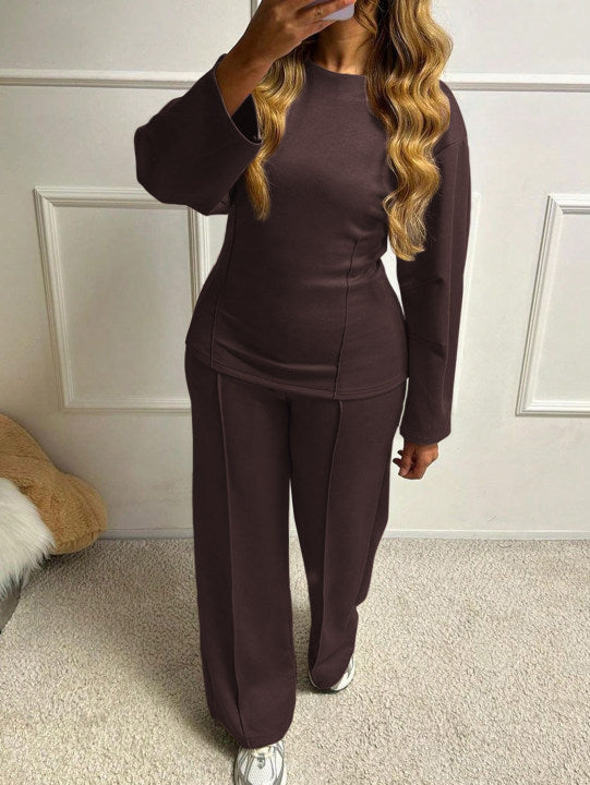 Women's soft lounge set with fitted sweatshirt, sculpting seam details, and wide palazzo pants leg Mune Fashion