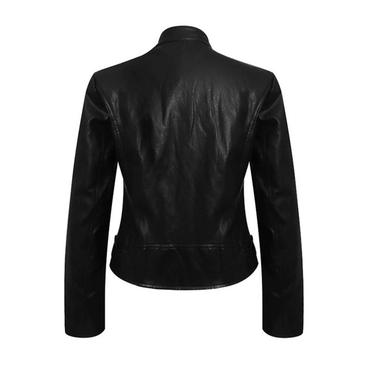 Women's Fitted Leather-Look Jacket with Stand-Up Collar, Epaulettes, and Waist Belt Mune Fashion