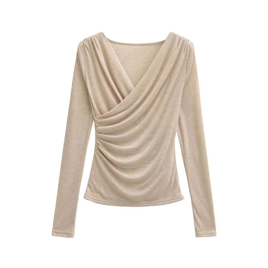 Women's Draped Long Sleeve with V-Neck and Side Gathering Mune Fashion