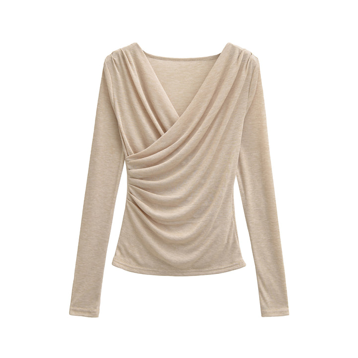 Women's Draped Long Sleeve with V-Neck and Side Gathering Mune Fashion