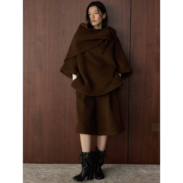 Women's Voluminous Hooded Coat made of Boucle Wool Mix with Draped Front Mune Fashion