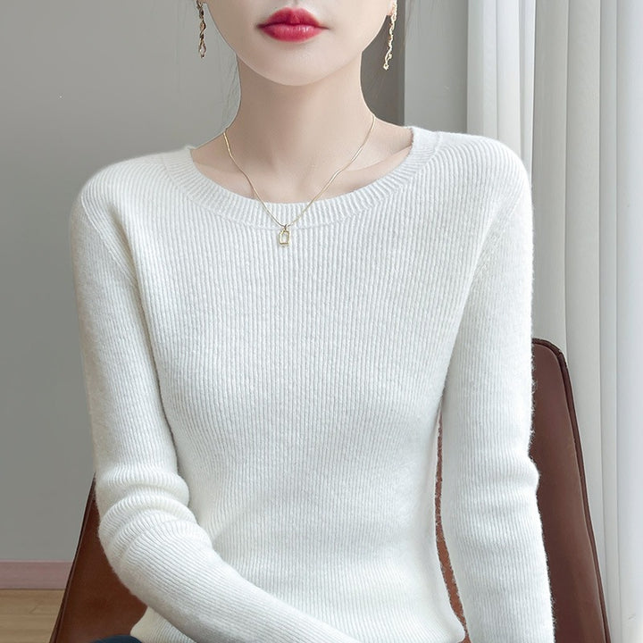 Women's Tailored Round Neck Sweater in Fine Ribbed Cashmere Look Mune Fashion