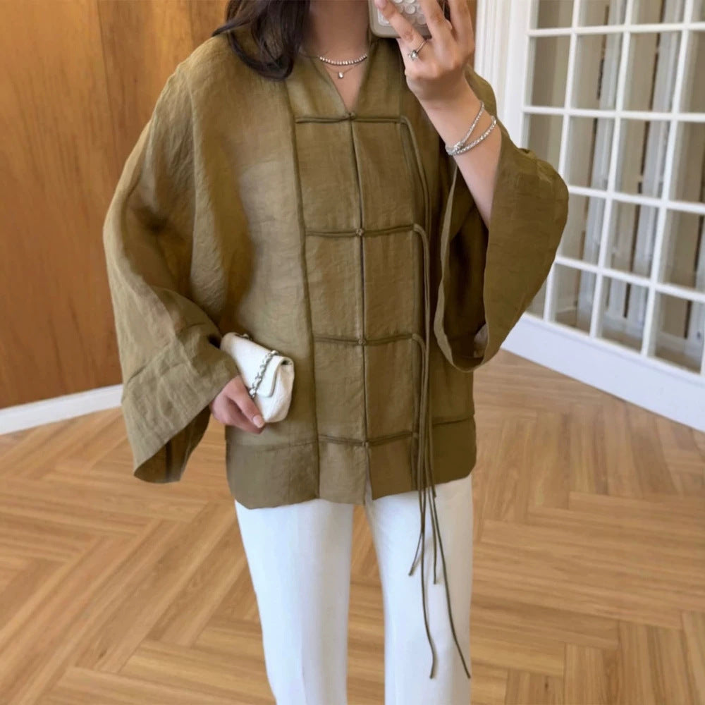 Women's Linen Kimono Jacket with Wide Sleeves, Decorative Knot Grid & Adjustable Belt Mune Fashion