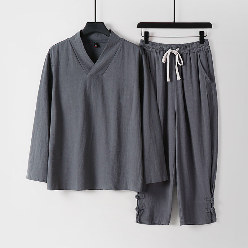 Men's Loose Loungewear Set with V-Notch Stand Collar and Drawstring Pants Mune Fashion