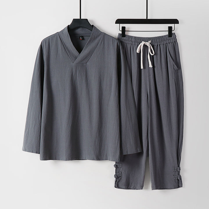 Men's Loose Loungewear Set with V-Notch Stand Collar and Drawstring Pants Mune Fashion