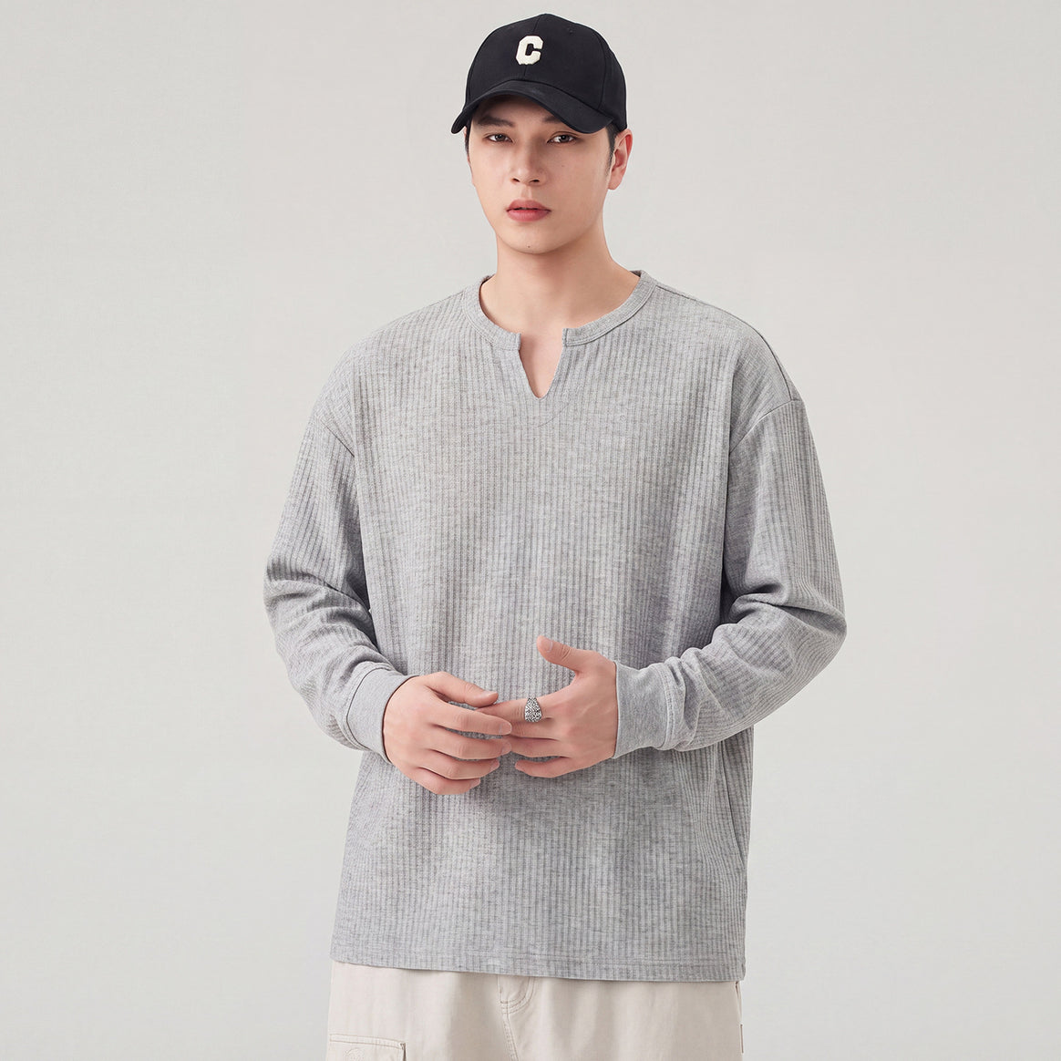 Men's Loose Long Sleeve Shirt with V-Notch Collar and Textured Cotton Blend Mune Fashion