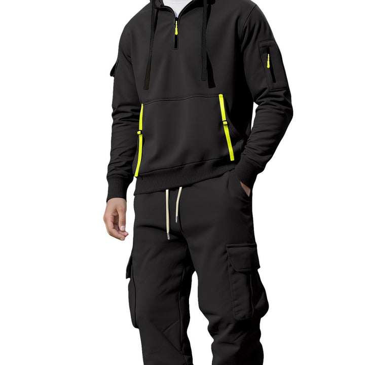 Men's casual half-zip hoodie with kangaroo pocket and cargo jogging pants with zipper details Mune Fashion
