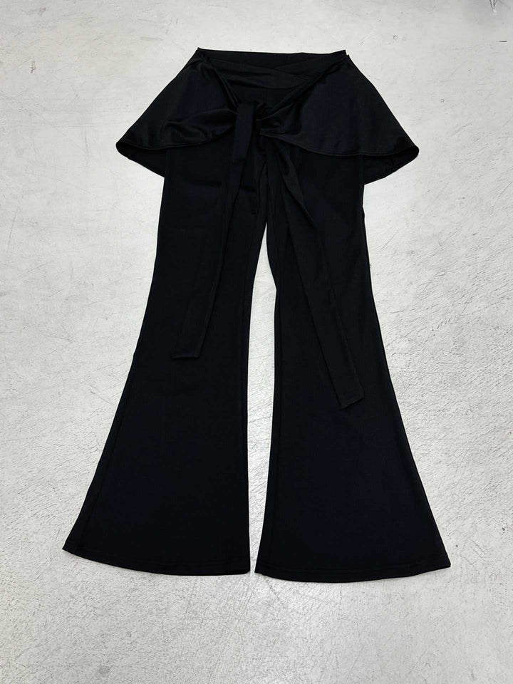 Women's flared palazzo pants with wrap skirt overlay, high waist and tie belt Mune Fashion