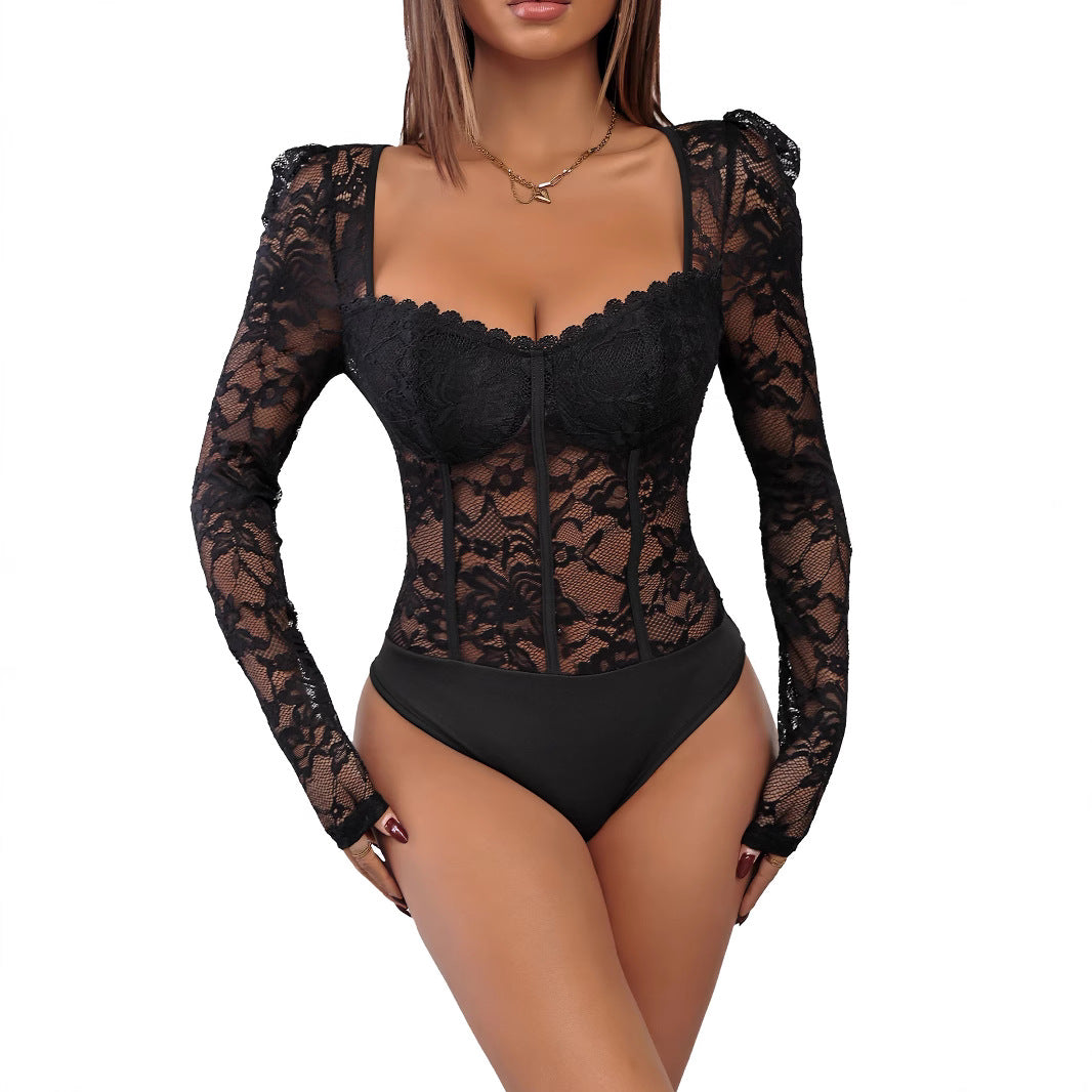 Women's Shaping Lace Bodysuit with Corset Seams and Long Transparent Sleeves