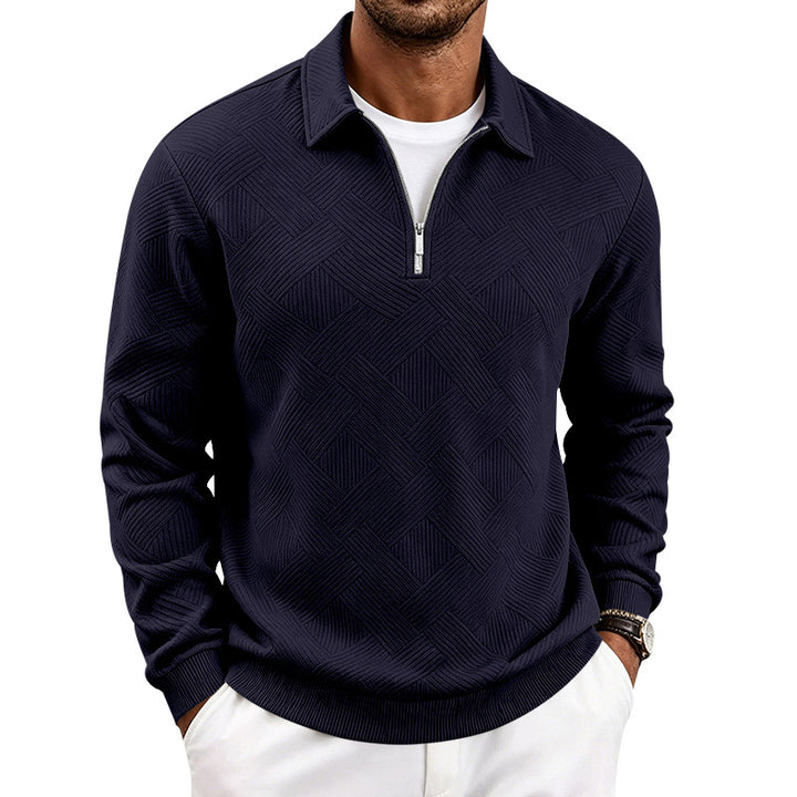 Men's Half-Zip Knit Sweater with Geometric Structure and Stand Collar Mune Fashion