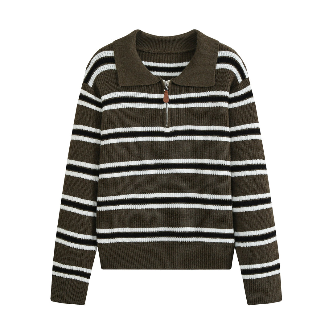 Women's Striped Knit Sweater with Polo Collar and Half Zipper Mune Fashion