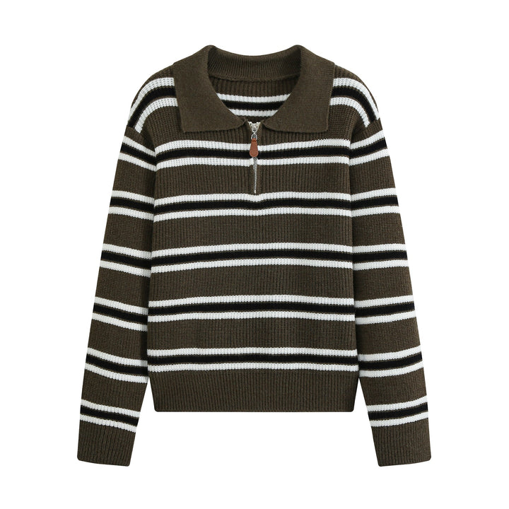 Women's Striped Knit Sweater with Polo Collar and Half Zipper Mune Fashion