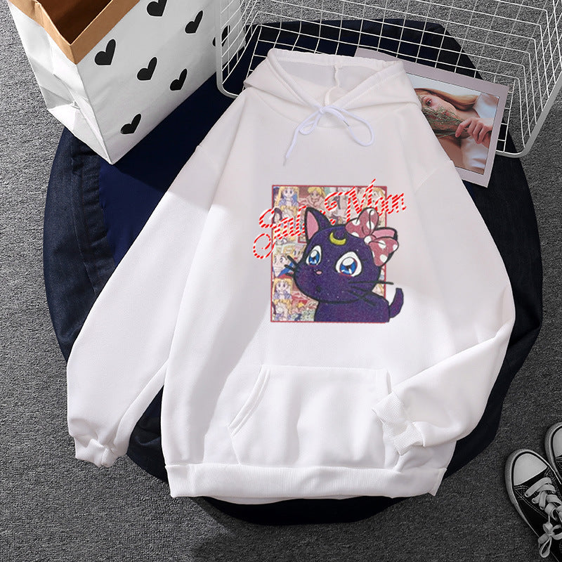 Women's oversized hoodie with shimmering anime cat motif, kangaroo pocket, and soft fleece lining Mune Fashion