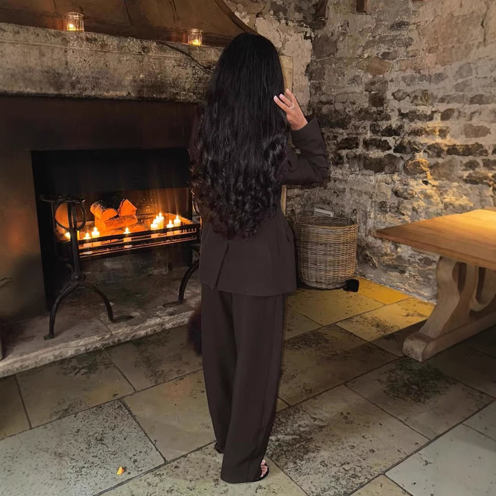 Women Two-Piece Tailored Blazer-Pants Set with Tailored Cut and Wide Palazzo Pants Leg Drune