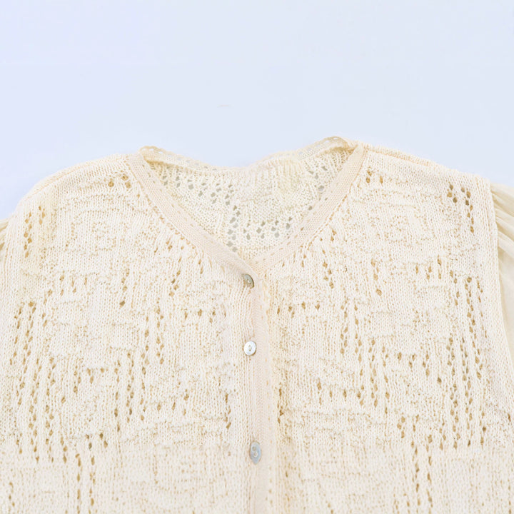 Women's Knitted Button Placket Blouse with Ruffled Waist and Embroidered Balloon Sleeves Mune Fashion