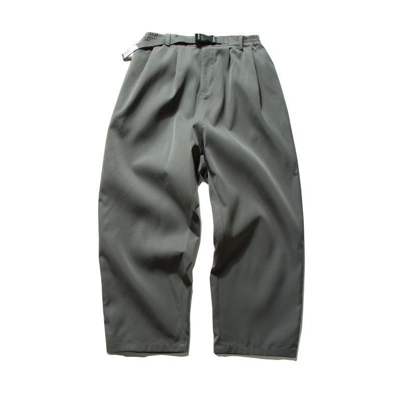 Men's Wide Relaxed Twill Pants with Elastic Waistband, D-Ring Belt, and Pleats Mune Fashion