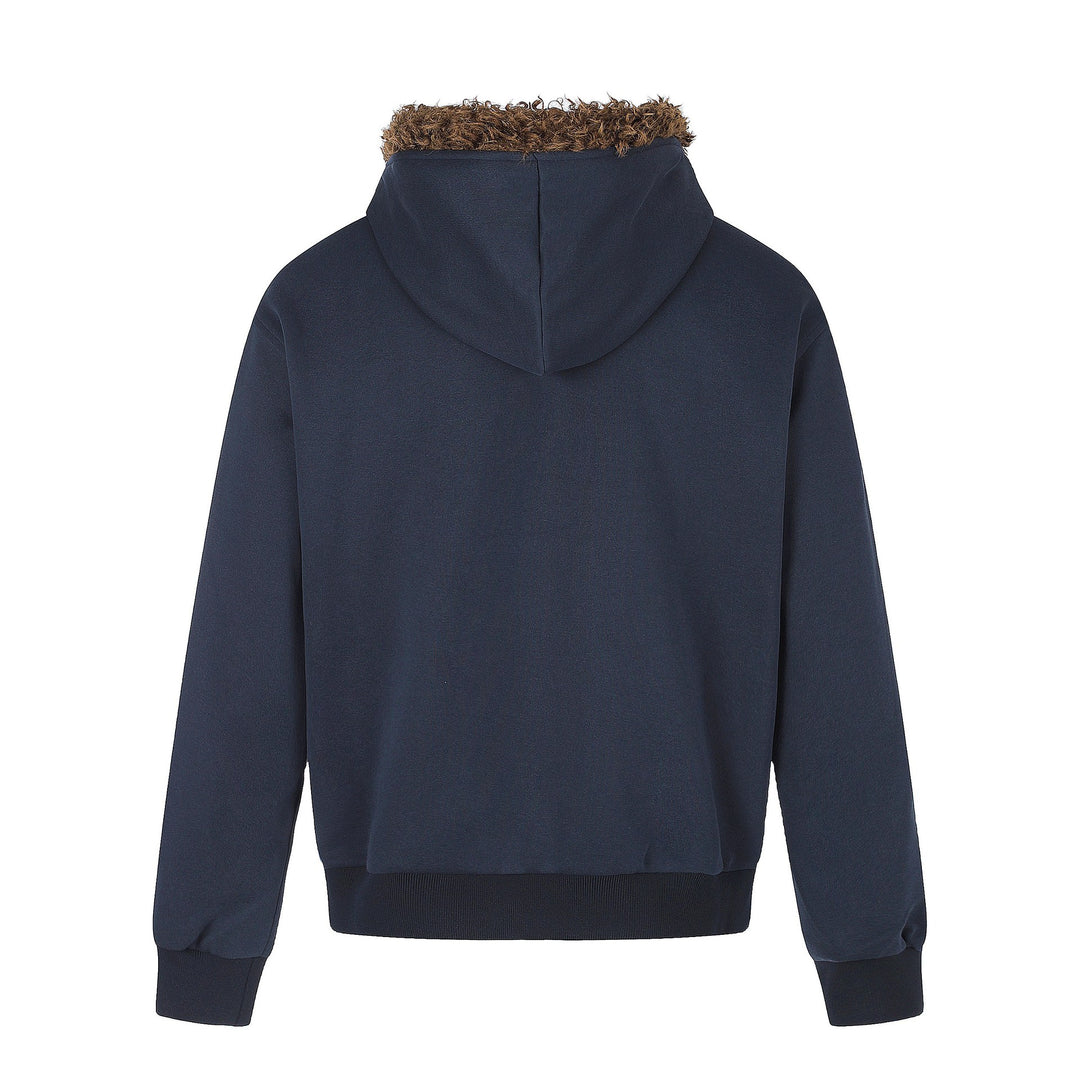 Men's hoodie jacket with faux fur trim, zipper, and vintage flag print Mune Fashion