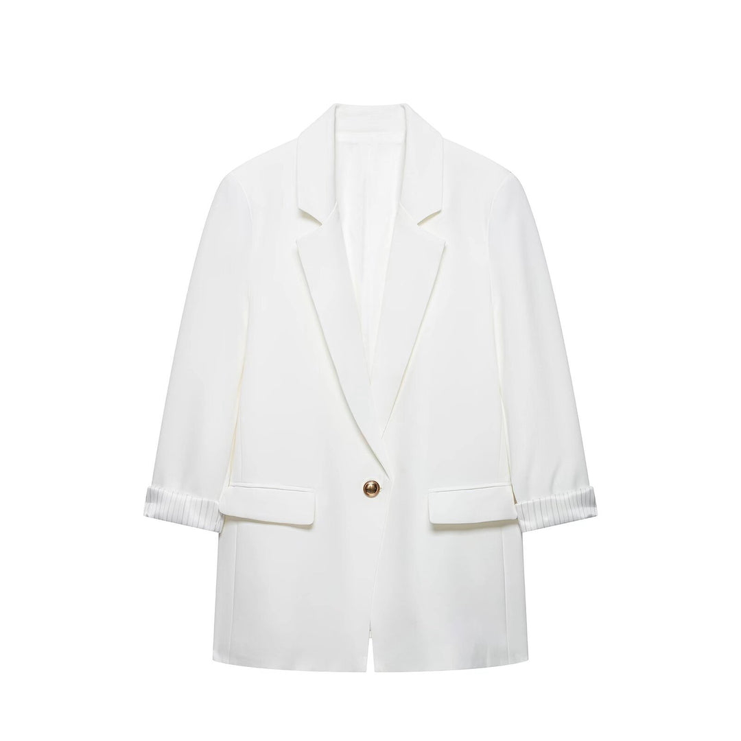 Women's tailored long blazer with cuffed sleeves and decorative button Mune Fashion