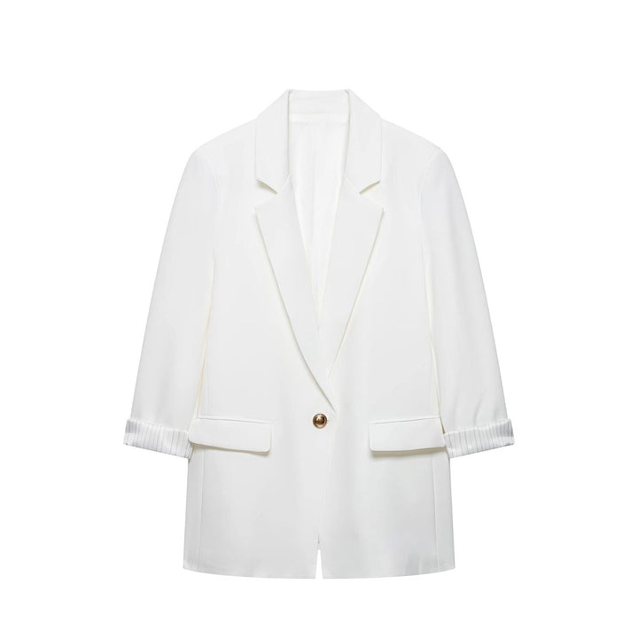 Women's tailored long blazer with cuffed sleeves and decorative button Mune Fashion
