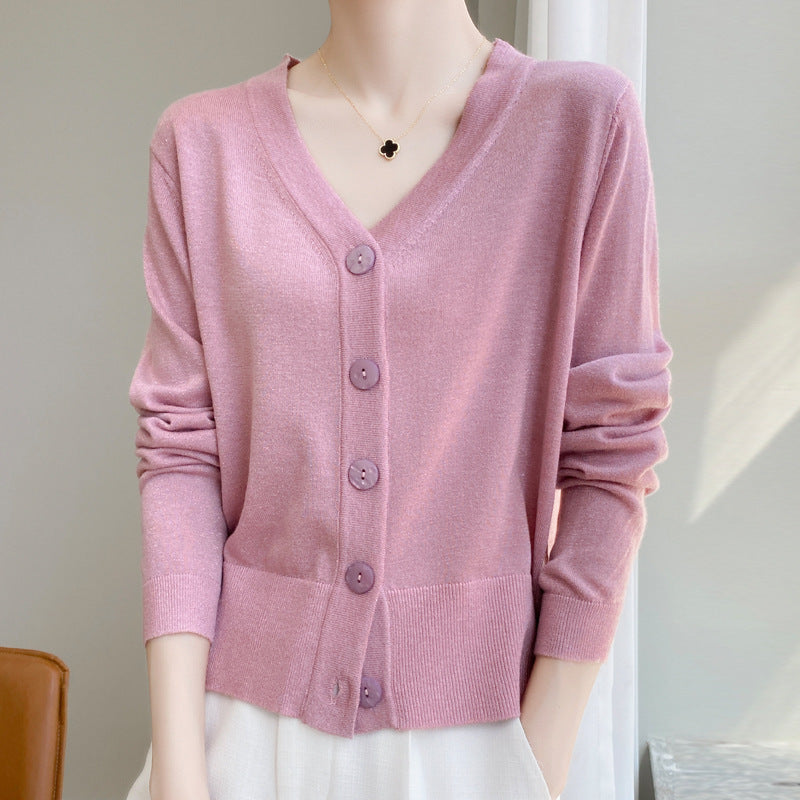Women Light V-Neck Cardigan with Side Hem Slit and Ribbed Cuff Mune Fashion