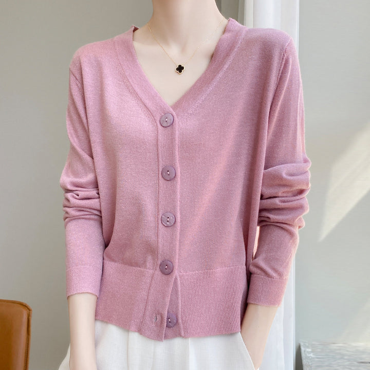 Women Light V-Neck Cardigan with Side Hem Slit and Ribbed Cuff Mune Fashion