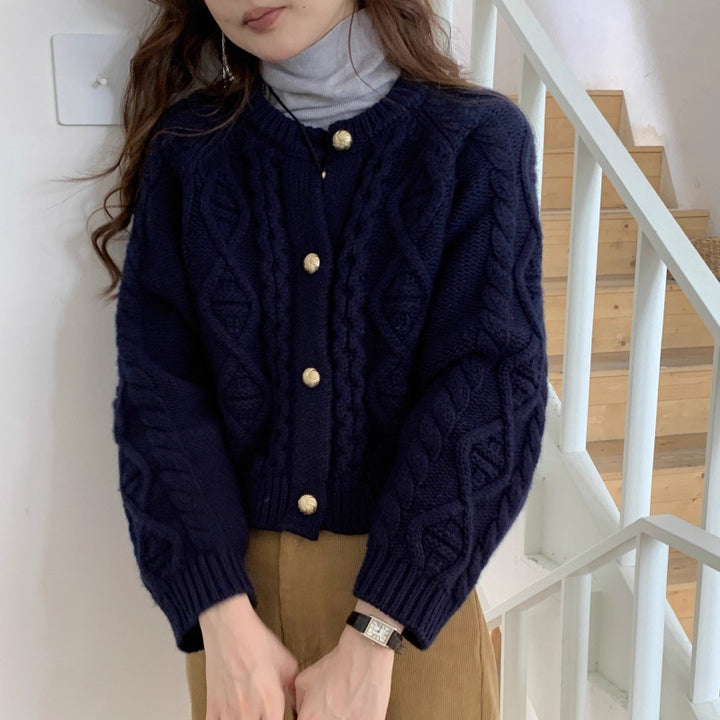Women Short Cable Knit Cardigan with Gold Decorative Buttons Mune Fashion