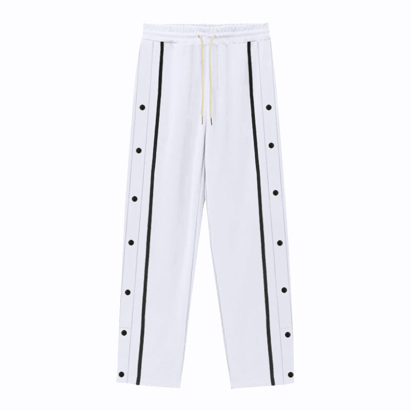 Men's Nan sporty jogging pants with side snap button placket, elastic drawstring waistband, and striking side stripes Mune Fashion