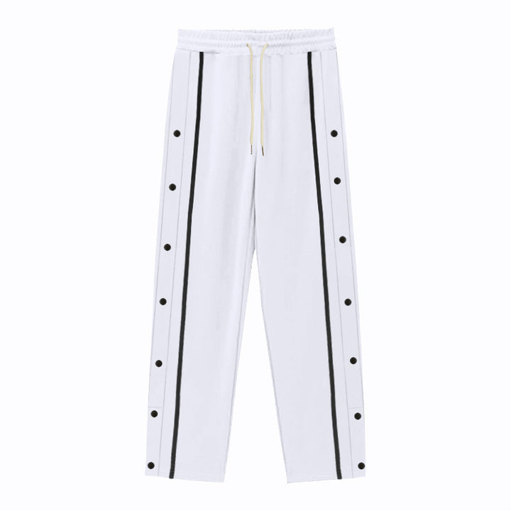 Men's Nan sporty jogging pants with side snap button placket, elastic drawstring waistband, and striking side stripes Mune Fashion