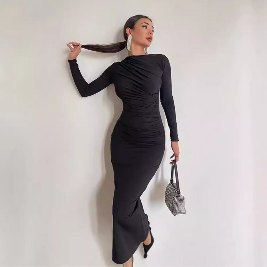 Women's gathered maxi dress with asymmetrical neckline and fitted silhouette Mune Fashion