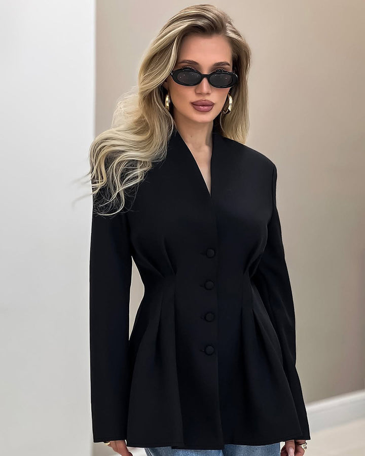 Women's nan tailored blazer with Vienna seams, covered buttons, and fitted pleated silhouette Mune Fashion