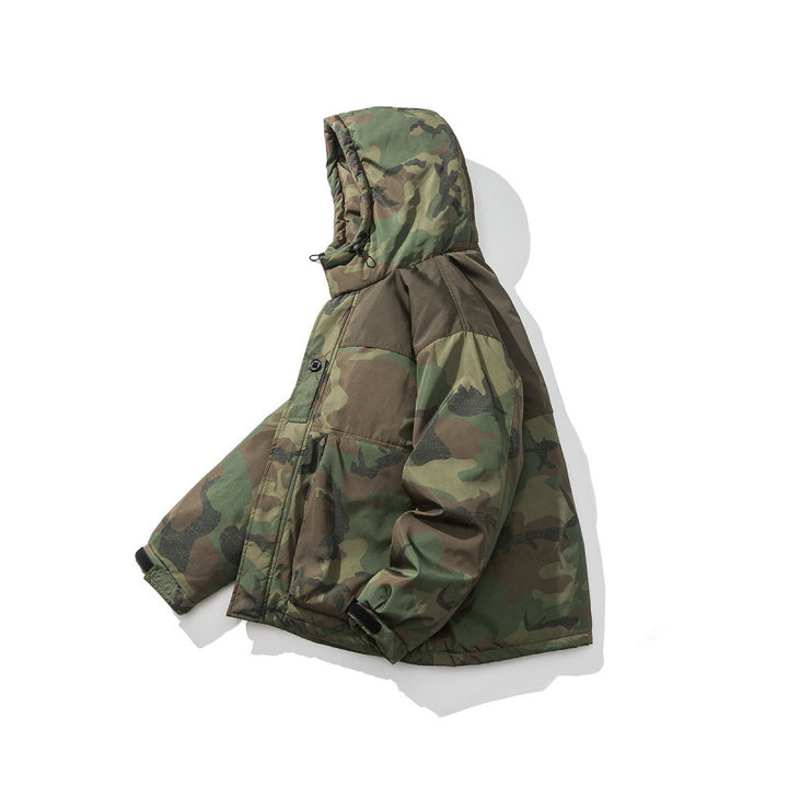 Unisex Boxy-Short-Puffer Jacket in Camouflage-Utility Style with Hood and Concealed Front Placket Mune Fashion