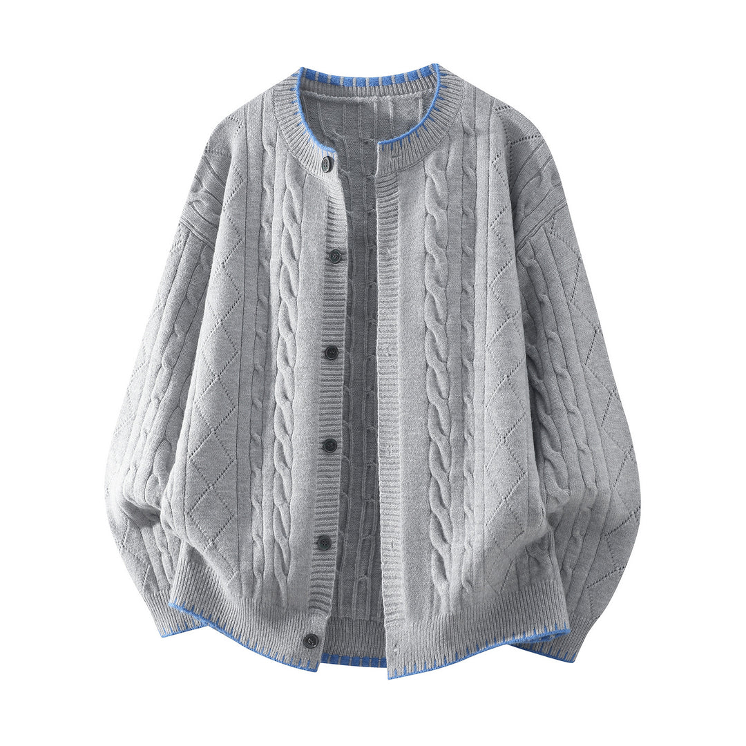 Women's Oversize Cable Knit Cardigan with Round Neck, Balloon Sleeves & Contrast Stitch Mune Fashion