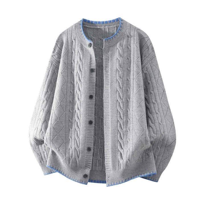 Women's Oversize Cable Knit Cardigan with Round Neck, Balloon Sleeves & Contrast Stitch Mune Fashion