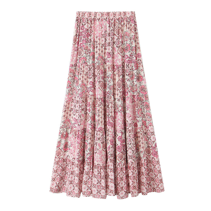 Women's Long Tiered Skirt with Floral Allover Print, Elastic Waistband and Ruffled Panels Mune Fashion