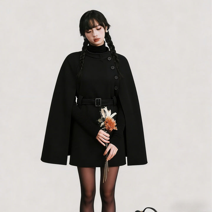 Women's Cape Coat with Waist Belt, Asymmetric Button Placket and Stand Collar Mune Fashion