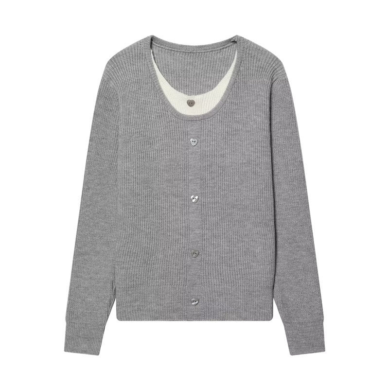 Women's two-layer fine knit cardigan with integrated under top and heart buttons Mune Fashion