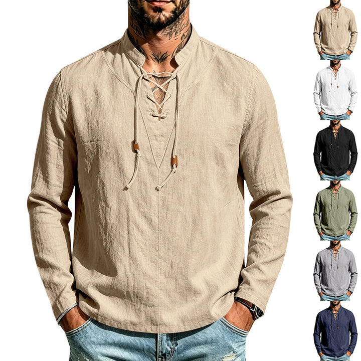 Men's linen shirt with stand-up collar and lacing Mune Fashion