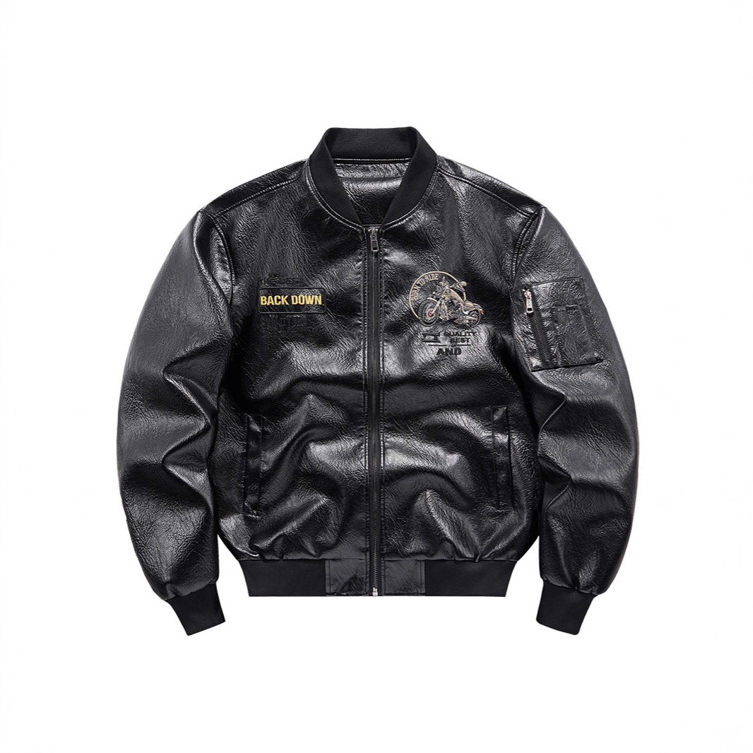 Men's Biker Leather Look Bomber Jacket with Embroidery Patches and Arm Pocket Mune Fashion