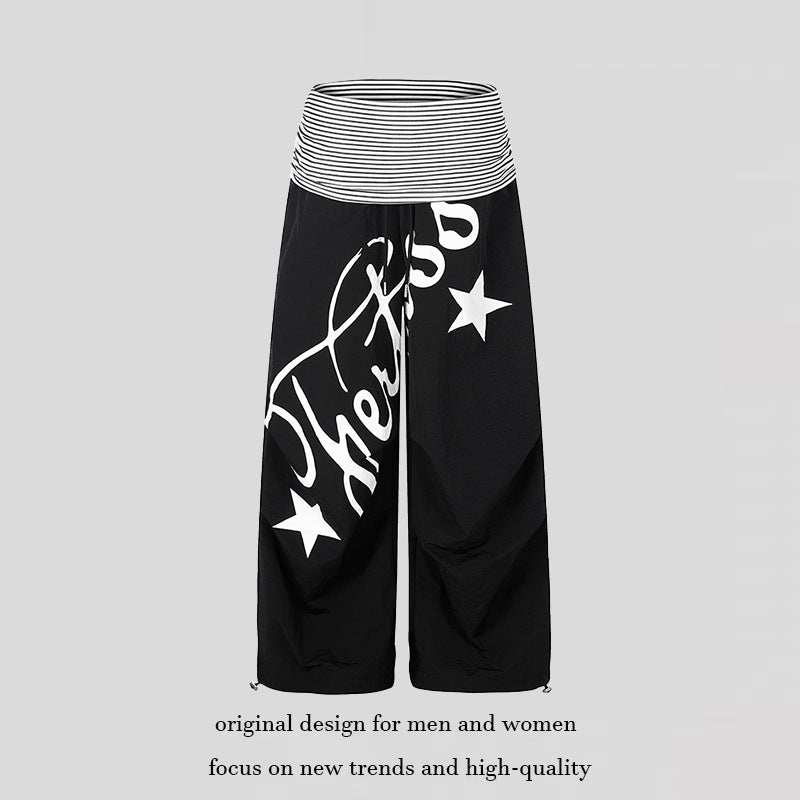 Women's Wide Palazzo Pants with High Striped Comfort Waistband and Statement Print Mune Fashion