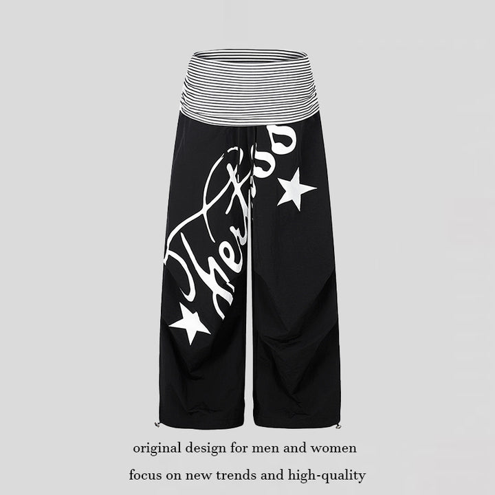 Women's Wide Palazzo Pants with High Striped Comfort Waistband and Statement Print Mune Fashion